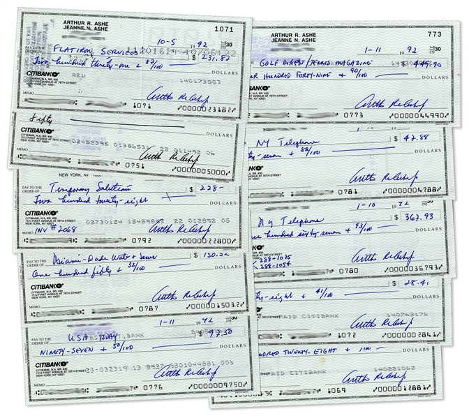 Lot of 10 Arthur Ashe Signed Checks -- From the Arthur Ashe Estate