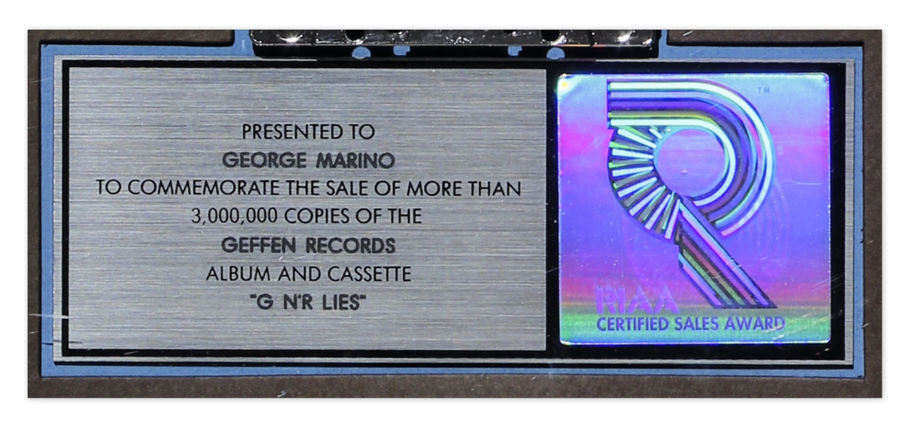 Guns N' Roses RIAA Multi-Platinum Record Award for ''G N' R Lies'' -- From George Marino Estate