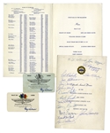 100 Mile an Hour Club Dinner Menu From 1956 Signed by 14 Legendary Drivers Including Lou Meyer, Bill Holland, Lee Wallard and Johnnie Parsons -- With Motor Speedway Entrance Passes