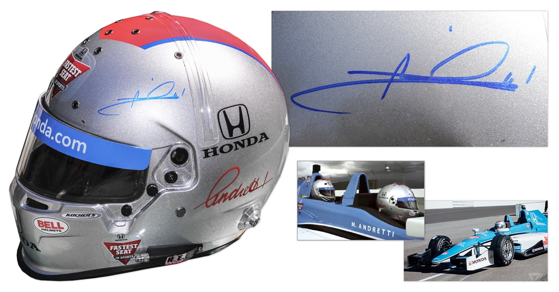 Mario Andretti Signed Helmet Worn at 2015 Indy 500 -- With COA From PSA/DNA