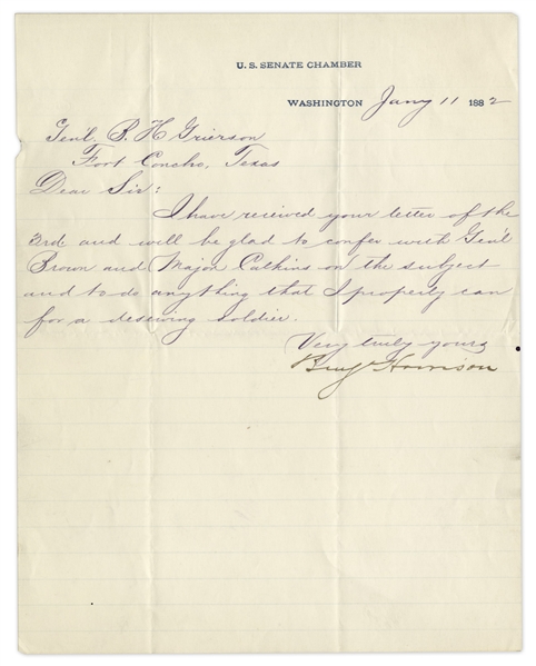 Benjamin Harrison 1882 Letter Signed on U.S. Senate Stationery -- ''...will...do anything that I properly can for a deserving soldier...''
