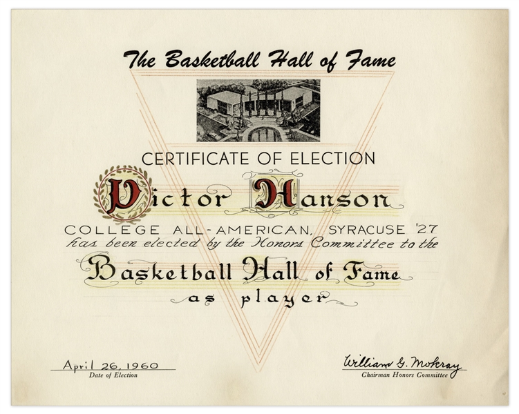 Vic Hanson Basketball Hall of Fame Induction Certificate -- Only Athlete in History Elected to Basketball HOF and College Football HOF