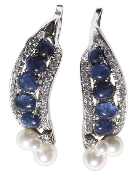 Estee Lauder Owned Platinum Earrings With Diamonds, Pearls and Sapphires -- Designed by David Webb & With Provenance From Sotheby's