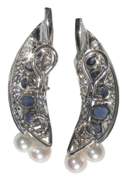 Estee Lauder Owned Platinum Earrings With Diamonds, Pearls and Sapphires -- Designed by David Webb & With Provenance From Sotheby's