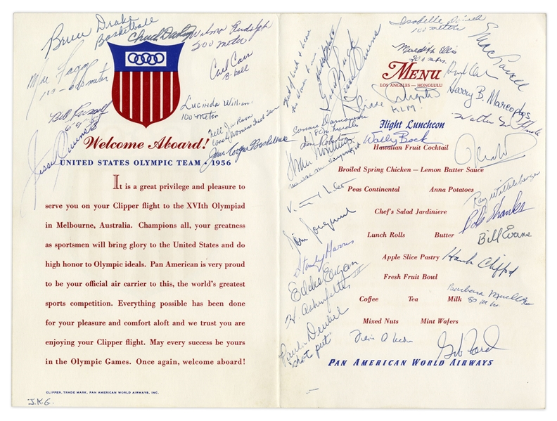 1956 U.S. Olympic Team Signed Menu -- Includes Jesse Owens (Twice), Bill Russell, Eddie Eagan, Lucinda Williams & Wilma Rudolph