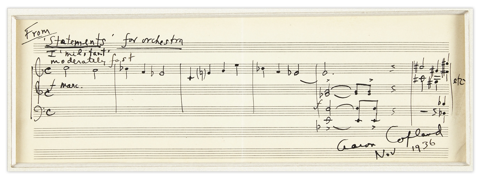 Aaron Copland Autograph Musical Quotation Signed in 1936