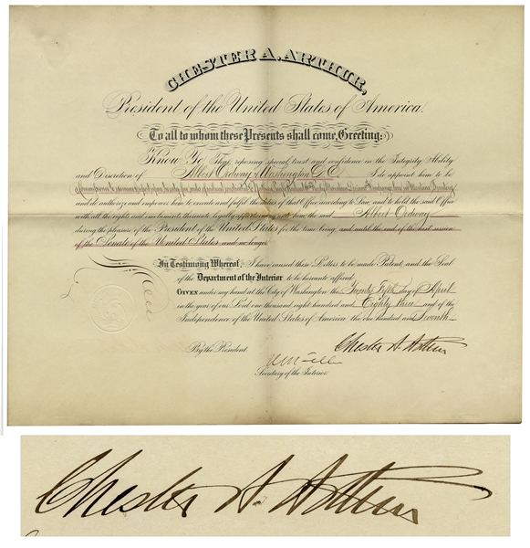 Chester Arthur Document Signed as President in 1883 -- Railroad Appointment