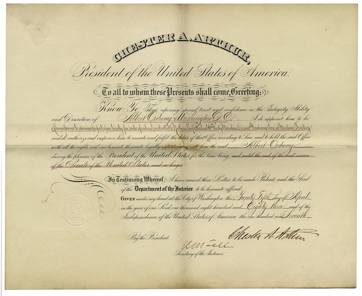 Chester Arthur Document Signed as President in 1883 -- Railroad Appointment