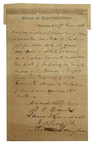 James Garfield House of Representatives Letter Signed -- Also Signed by Nathaniel Banks, Alexander Stephens & Samuel Randall