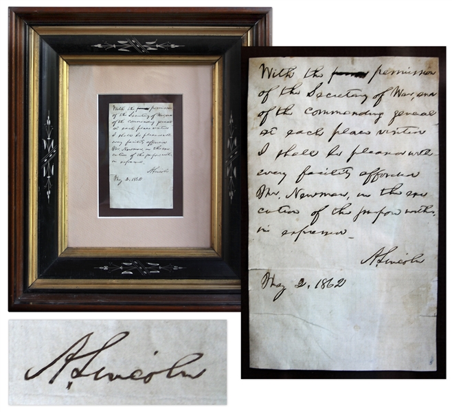 Abraham Lincoln Autograph Note Signed as President in May 1862 -- ''...With the permission of the Secretary of War, and of the commanding general...''