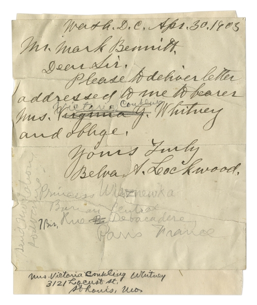 Belva Ann Lockwood Autograph Letter Signed in 1903