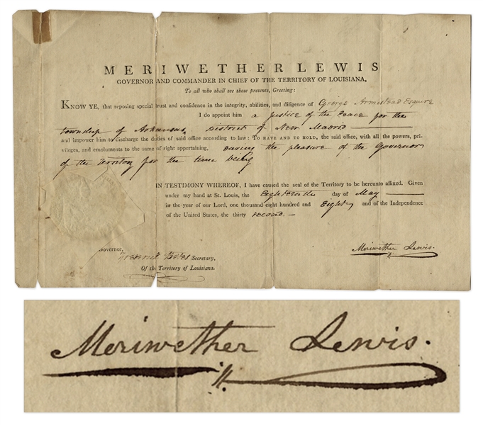 Meriwether Lewis Signed Appointment as Governor of Louisiana From 1808 -- Very Scarce Signature, Dated 2 Years After the Lewis & Clark Expedition