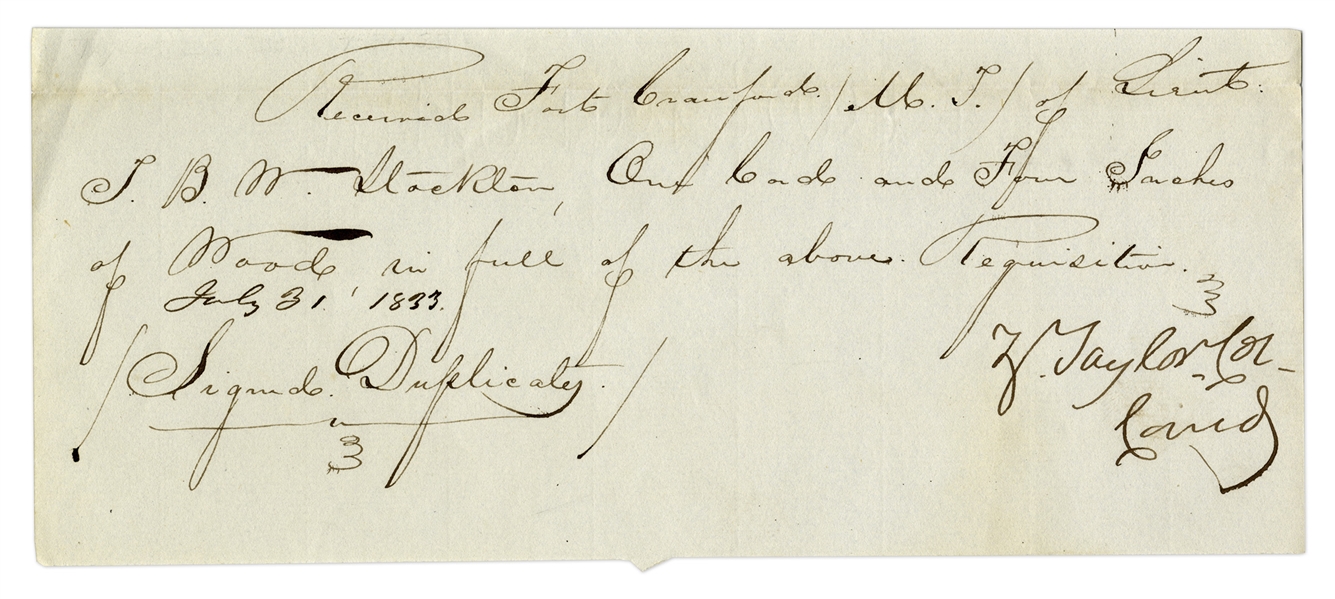 Zachary Taylor Signed Receipt From 1833