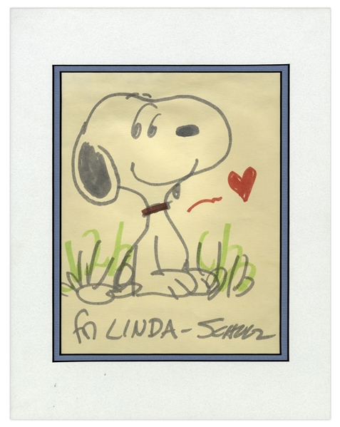 Charles Schulz Hand-Drawn & Signed ''Peanuts'' Illustration Featuring Snoopy -- Measures 9'' x 11.75''