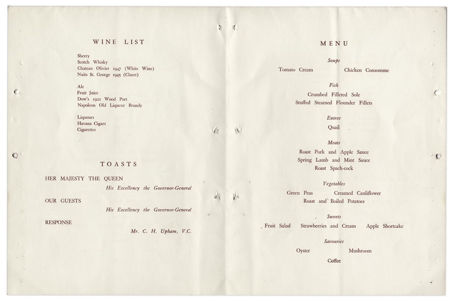 1956 Victoria Cross Winners Signed Commemoration Dinner Menu -- Includes Charles Upham, James Crichton & Samuel Frickleton