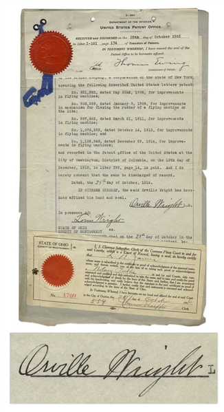 Orville Wright Signed Patent Document From 1916 ''for improvements in flying machines'' -- Very Rare