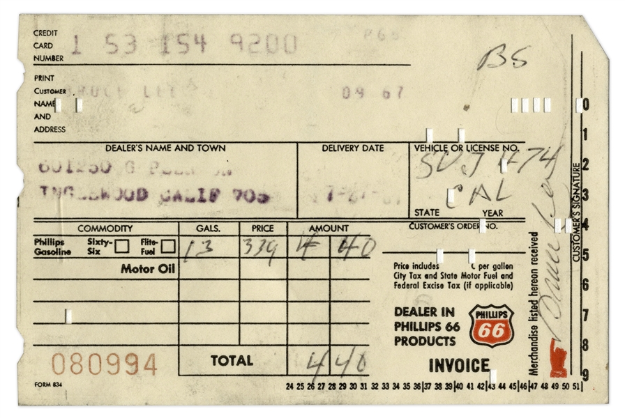 Bruce Lee Signed Receipt From 1967