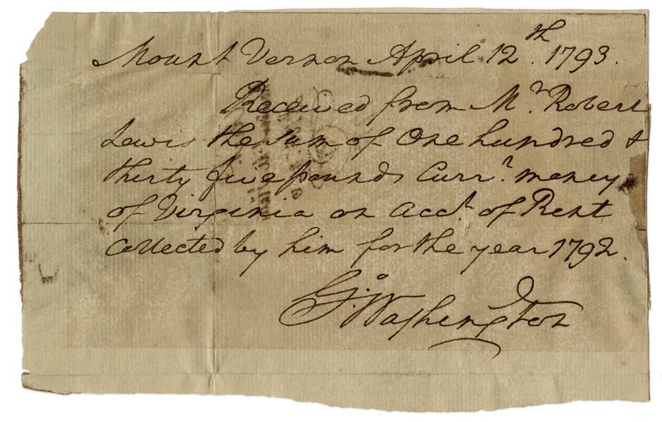 George Washington Autograph Receipt Signed as President