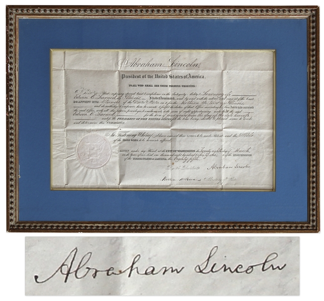 Abraham Lincoln Document Signed as President -- With Bold ''Abraham Lincoln'' Signature -- Lincoln Appoints an Anti-Slavery Speaker as U.S. Attorney Just Days Before the Civil War