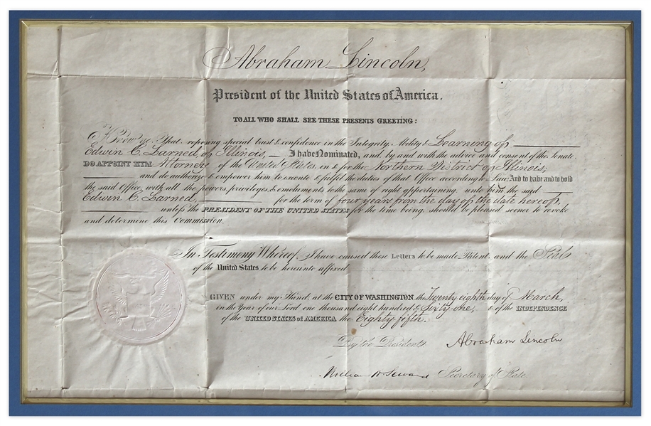 Abraham Lincoln Document Signed as President -- With Bold ''Abraham Lincoln'' Signature -- Lincoln Appoints an Anti-Slavery Speaker as U.S. Attorney Just Days Before the Civil War