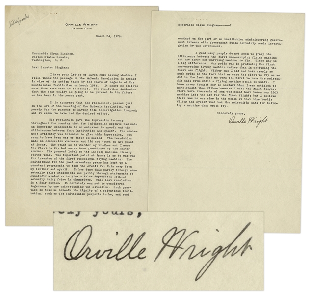 Orville Wright Letter Signed Defending His Reputation as Inventor -- ''...The important point at issue is as to who was the inventor of the first successful flying machine...''