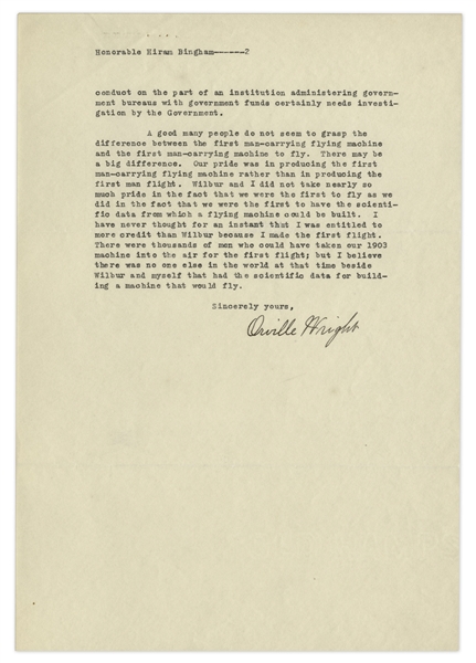 Orville Wright Letter Signed Defending His Reputation as Inventor -- ''...The important point at issue is as to who was the inventor of the first successful flying machine...''