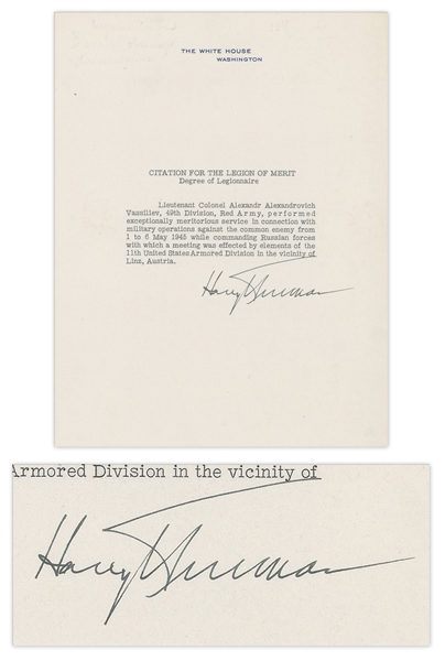 Harry Truman Document Signed as President -- Awarding Legion of Merit to ''Red Army'' Soldier for ''meritorious service...against the common enemy'' During WWII