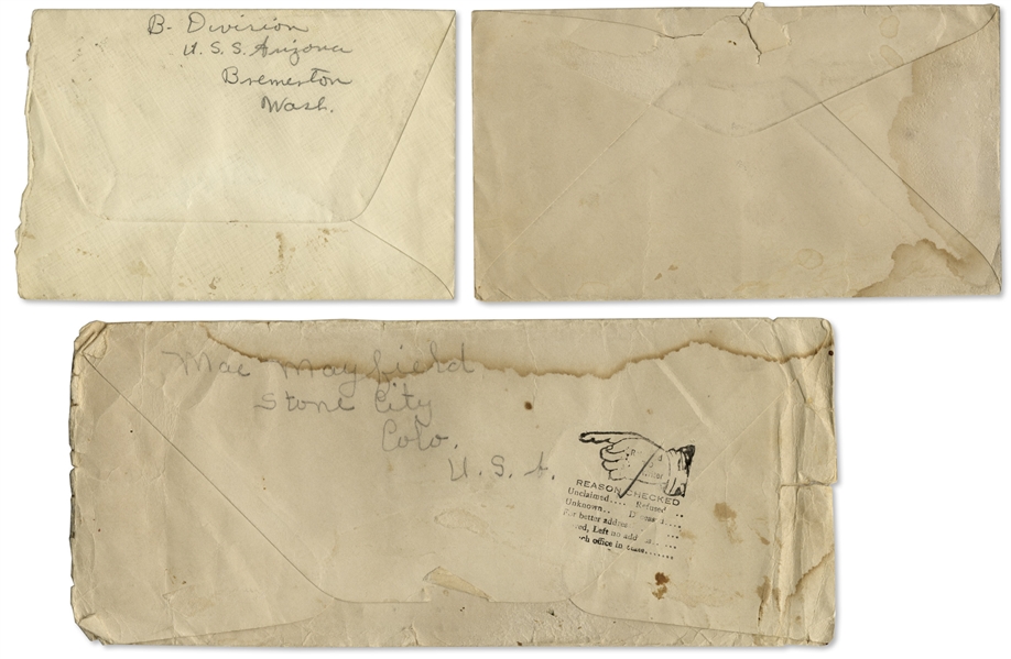 1940 Letter Aboard the U.S.S. Arizona, Sunk in Pearl Harbor Attack -- With U.S.S. Arizona Postmark on Envelope -- Also Includes 2 Letters Addressed to Ship, One the Day After Pearl Harbor