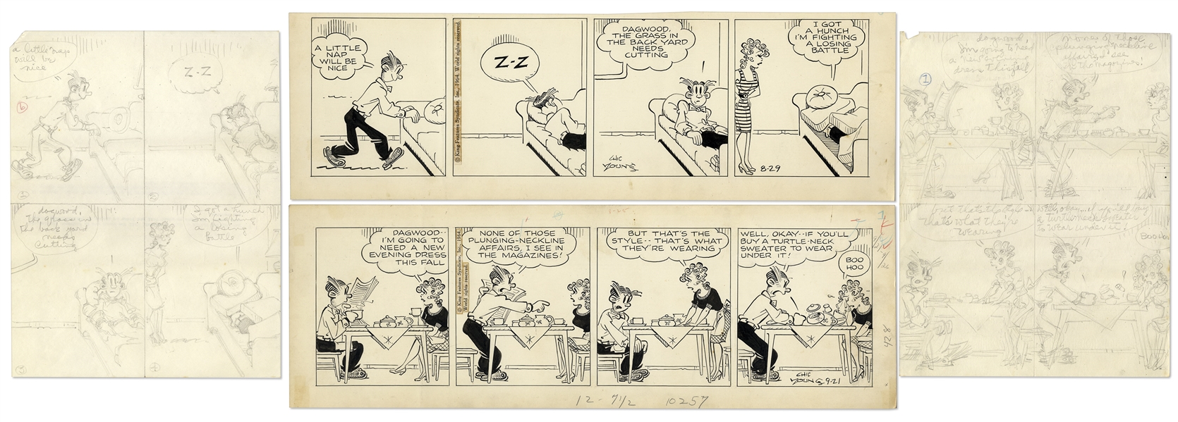 2 Chic Young Hand-Drawn ''Blondie'' Comic Strips From 1964 -- With Chic Young's Original Preliminary Artwork for Both Strips