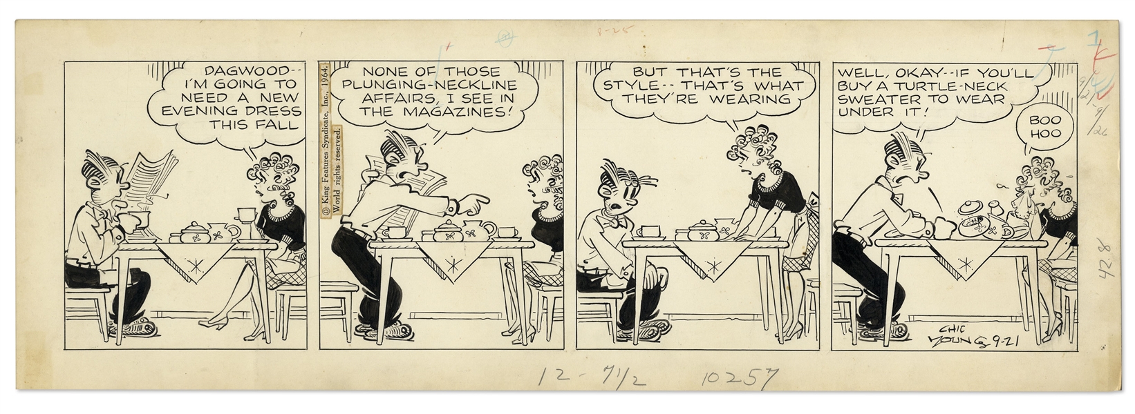 2 Chic Young Hand-Drawn ''Blondie'' Comic Strips From 1964 -- With Chic Young's Original Preliminary Artwork for Both Strips