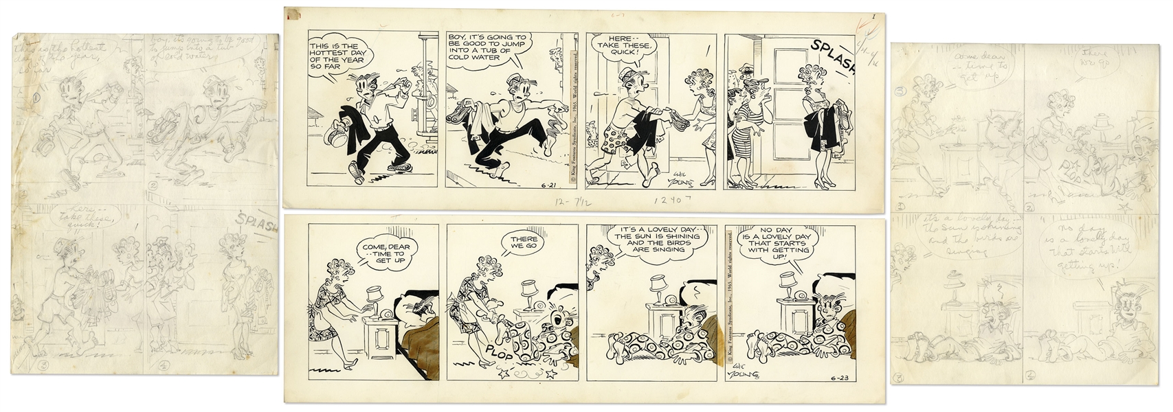 2 Chic Young Hand-Drawn ''Blondie'' Comic Strips From 1965 -- With Chic Young's Original Preliminary Artwork for Both Strips