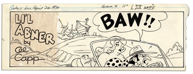 Lot of 4 ''Li'l Abner'' Comic Strips From 1976 -- Hand-Drawn & Signed by Capp Featuring Daisy Mae, Li'l Abner, A Shmoo & Honest Abe -- Sizes Vary, Approximately 19.5'' x 6.25'' -- Very Good