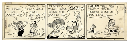 Lot of 4 ''Li'l Abner'' Comic Strips From 1976 -- Hand-Drawn & Signed by Capp Featuring Daisy Mae, Li'l Abner, A Shmoo & Honest Abe -- Sizes Vary, Approximately 19.5'' x 6.25'' -- Very Good