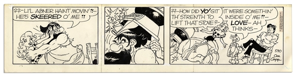 Lot of 4 ''Li'l Abner'' Comic Strips From 1976 -- Hand-Drawn & Signed by Capp Featuring Daisy Mae, Li'l Abner, A Shmoo & Honest Abe -- Sizes Vary, Approximately 19.5'' x 6.25'' -- Very Good