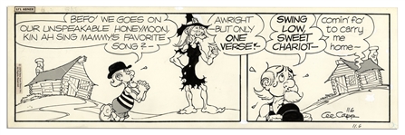 Lot of 4 ''Li'l Abner'' Comic Strips From 1976 -- Hand-Drawn & Signed by Capp Featuring Daisy Mae, Li'l Abner, A Shmoo & Honest Abe -- Sizes Vary, Approximately 19.5'' x 6.25'' -- Very Good
