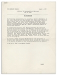Jackie Kennedy White House Press Release -- Announcing the Resignation of the Artistic Curator During the Famous Renovation of the White House
