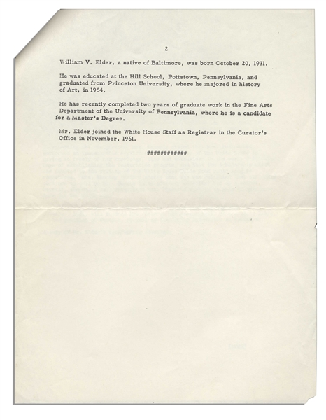 Jackie Kennedy White House Press Release -- Announcing the Resignation of the Artistic Curator During the Famous Renovation of the White House