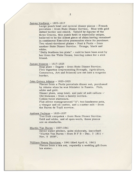 President John F. Kennedy Fact Sheet on the White House China Room -- With Interesting Content Detailing Each President's Addition to the China Collection