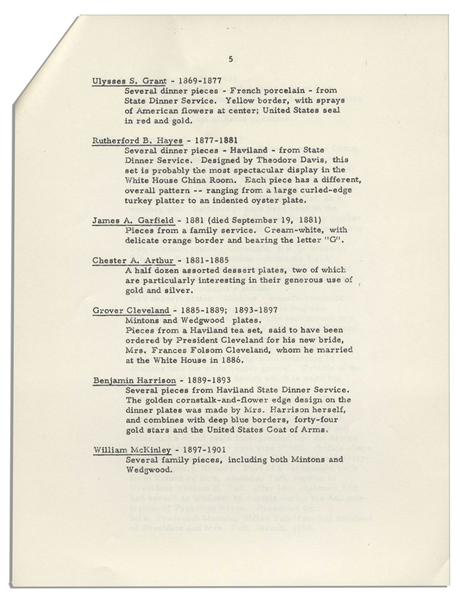 President John F. Kennedy Fact Sheet on the White House China Room -- With Interesting Content Detailing Each President's Addition to the China Collection