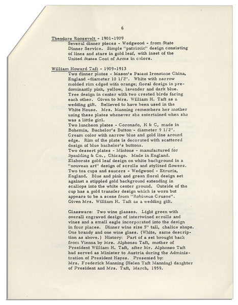 President John F. Kennedy Fact Sheet on the White House China Room -- With Interesting Content Detailing Each President's Addition to the China Collection