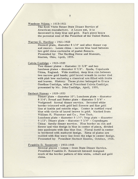 President John F. Kennedy Fact Sheet on the White House China Room -- With Interesting Content Detailing Each President's Addition to the China Collection