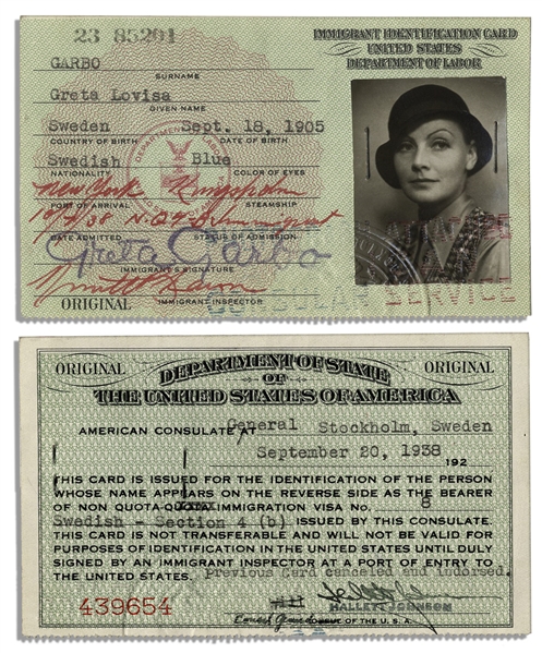 Greta Garbo's United States Immigrant ID Card -- Signed & With Her Photo From 1938