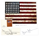Jasper Johns Signed 38 x 40 Poster of His Famous Flag Painting -- With Additional Postcard Signed by Johns