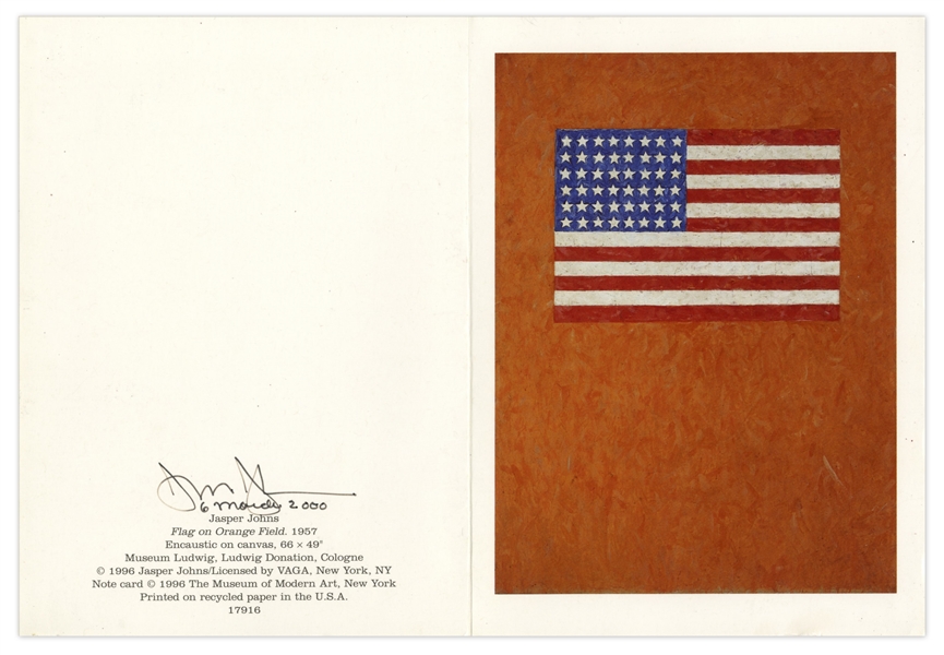 Jasper Johns Signed 38'' x 40'' Poster of His Famous ''Flag'' Painting -- With Additional Postcard Signed by Johns