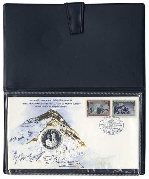 Sir Edmund Hillary & Tenzing Norgay Signed First Day Cover -- With Limited Edition Coin Marking 25th Anniversary of Everest's First Ascent