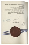 1953 Israeli Law Signed by President Yitzhak Ben-Zvi, Prime Minister Moshe Sharett and Finance Minister Levi Eshkol -- Document Extends the Use of Leumi Banknotes Until End of 1954