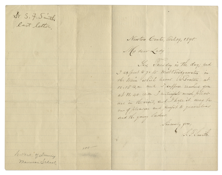 Samuel Francis Smith Autograph Letter Signed From 1895 -- Believed to be the Last Letter He Wrote