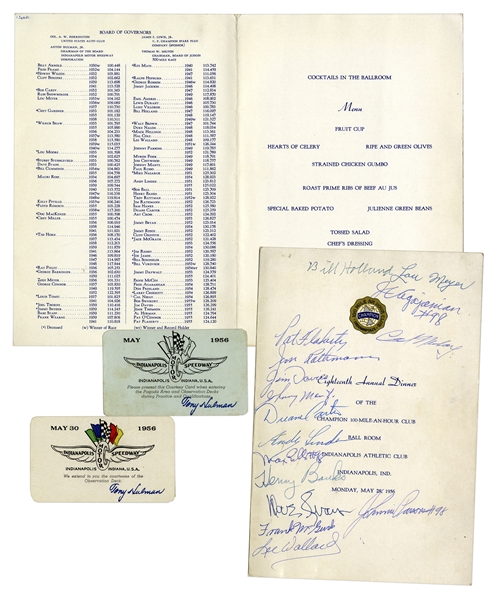 ''100 Mile an Hour Club'' Dinner Menu From 1956 Signed by 14 Legendary Drivers Including Lou Meyer, Bill Holland, Lee Wallard and Johnnie Parsons -- With Motor Speedway Entrance Passes