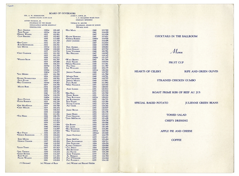 ''100 Mile an Hour Club'' Dinner Menu From 1956 Signed by 14 Legendary Drivers Including Lou Meyer, Bill Holland, Lee Wallard and Johnnie Parsons -- With Motor Speedway Entrance Passes