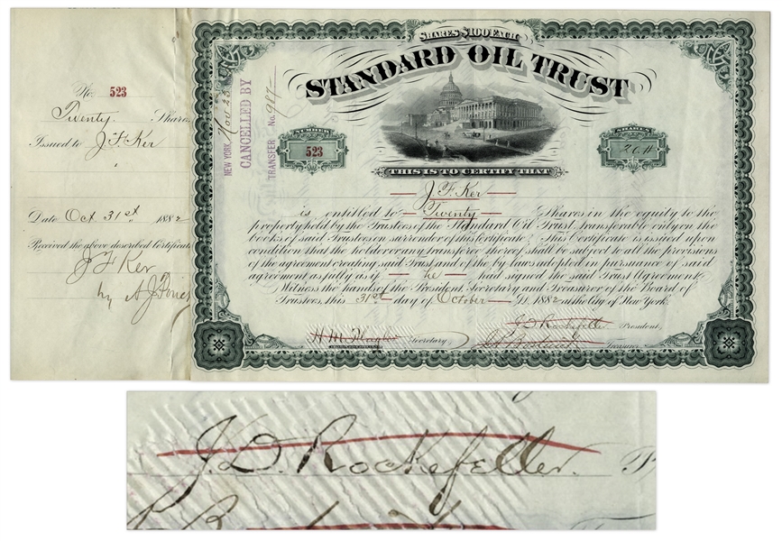 John D. Rockefeller Signed Stock Certificate for Standard Oil Trust -- Signed by Rockefeller as President in 1882